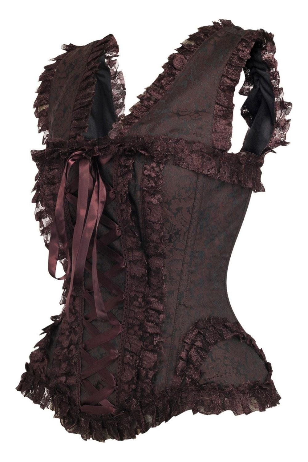 Daisy Corsets Top Drawer Brown Swirl Brocade & Lace Steel Boned Corset w/Cap Sleeves in Brown 