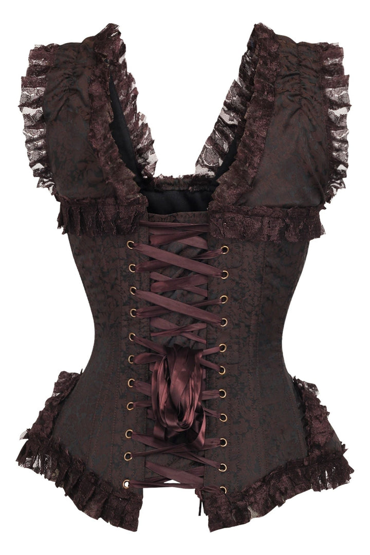 Top Drawer Brown Swirl Brocade & Lace Steel Boned Corset w/Cap Sleeves