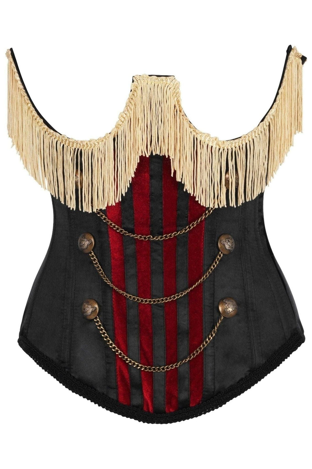 Daisy Corsets Top Drawer Burlesque Underbust Black/Dark Red Steel Boned Corset w/Gold Fringe in Red  from SexyShoes.com