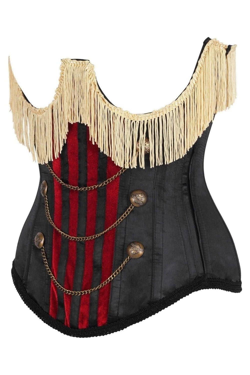 Daisy Corsets Top Drawer Burlesque Underbust Black/Dark Red Steel Boned Corset w/Gold Fringe in Red 