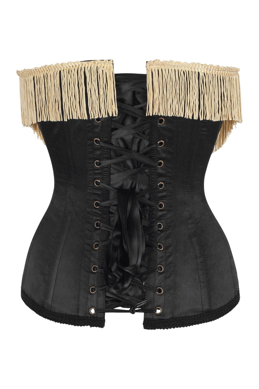 Daisy Corsets Top Drawer Burlesque Underbust Black/Dark Red Steel Boned Corset w/Gold Fringe in Red 