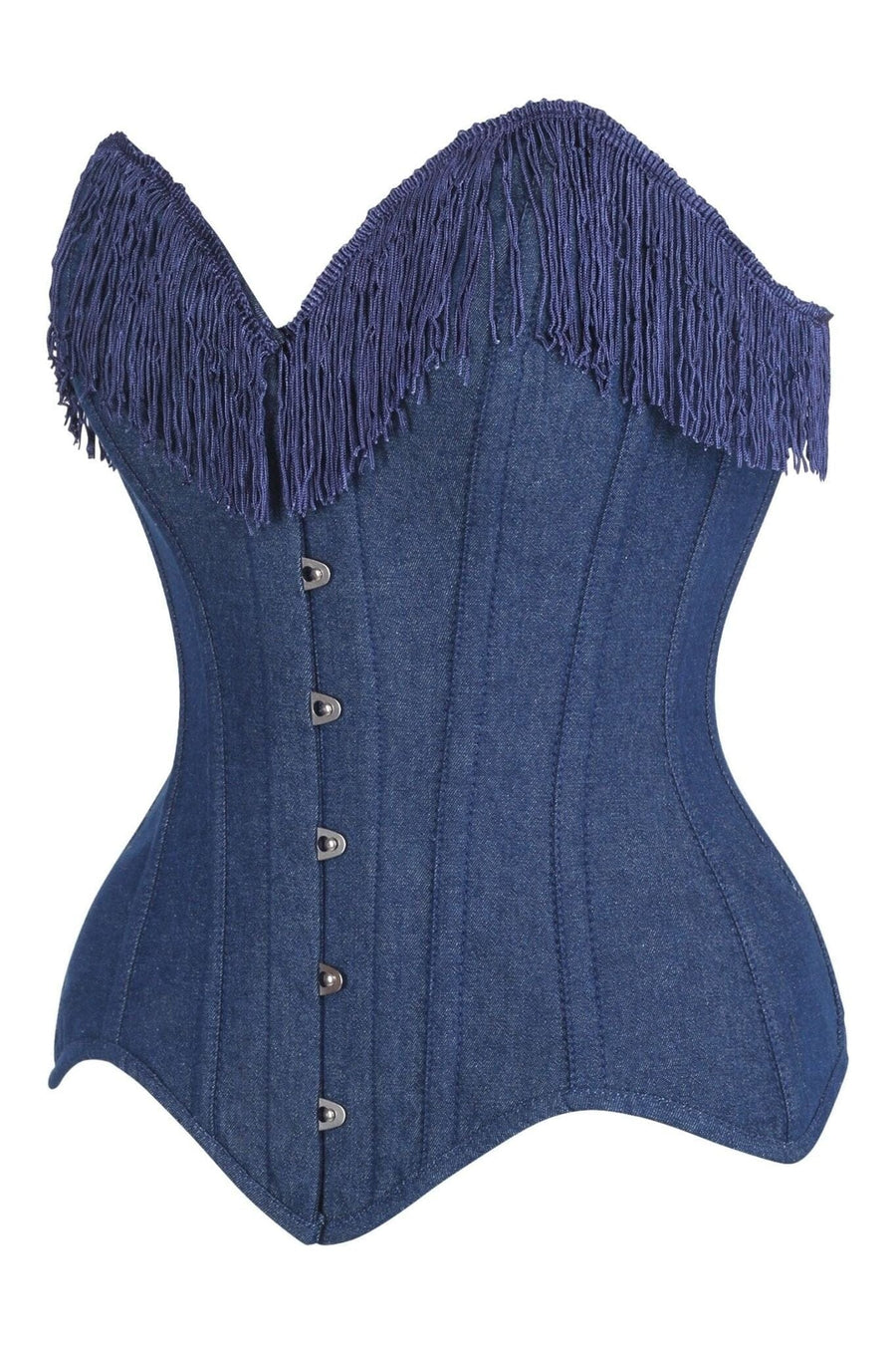 Daisy Corsets Top Drawer Dark Blue Denim Steel Boned Overbust Corset w/Fringe in Blue 