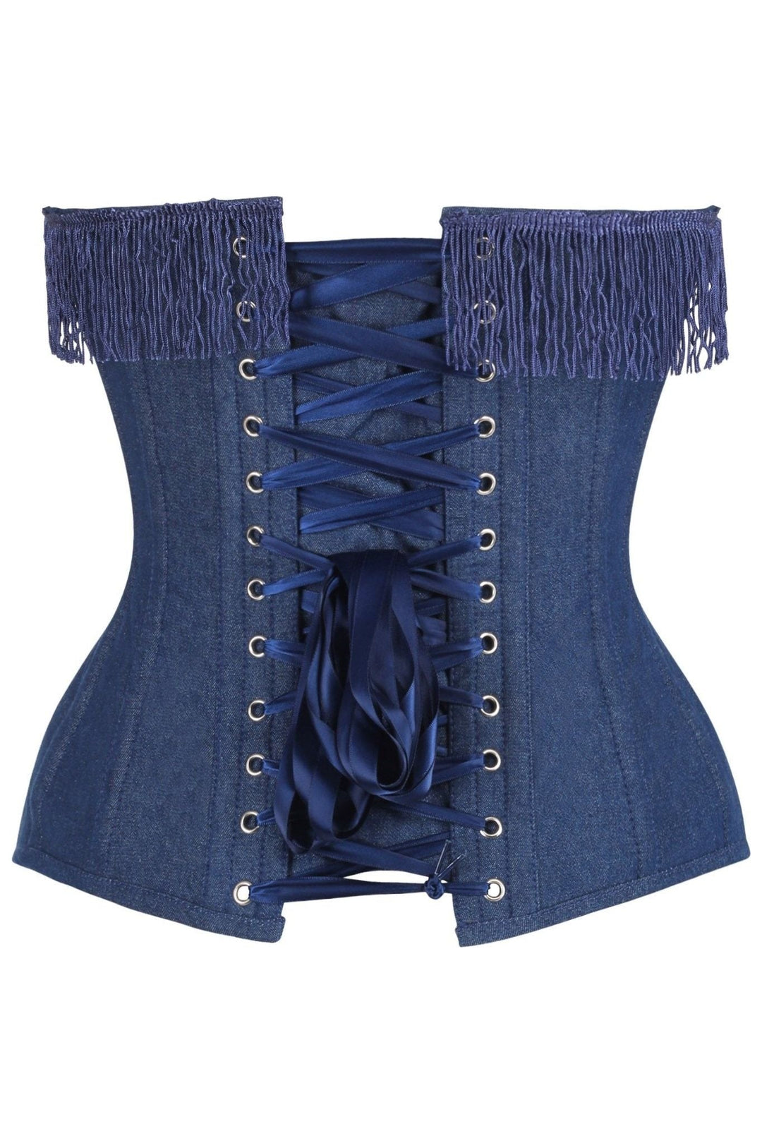 Daisy Corsets Top Drawer Dark Blue Denim Steel Boned Overbust Corset w/Fringe in Blue 