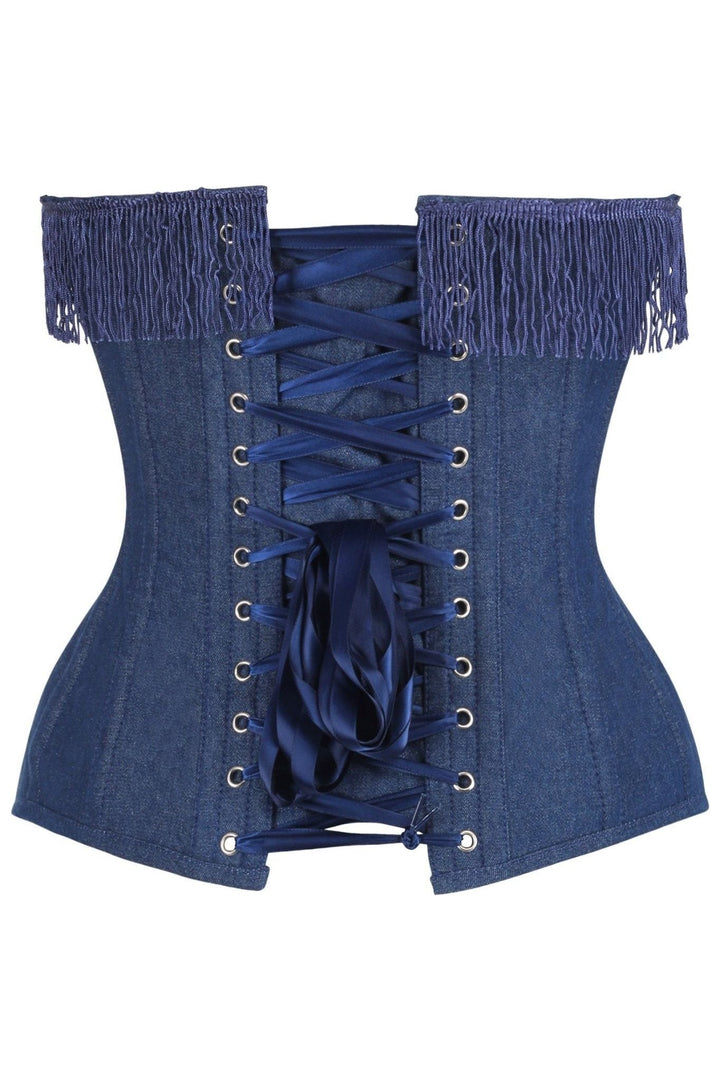 Top Drawer Dark Blue Denim Steel Boned Overbust Corset w/Fringe