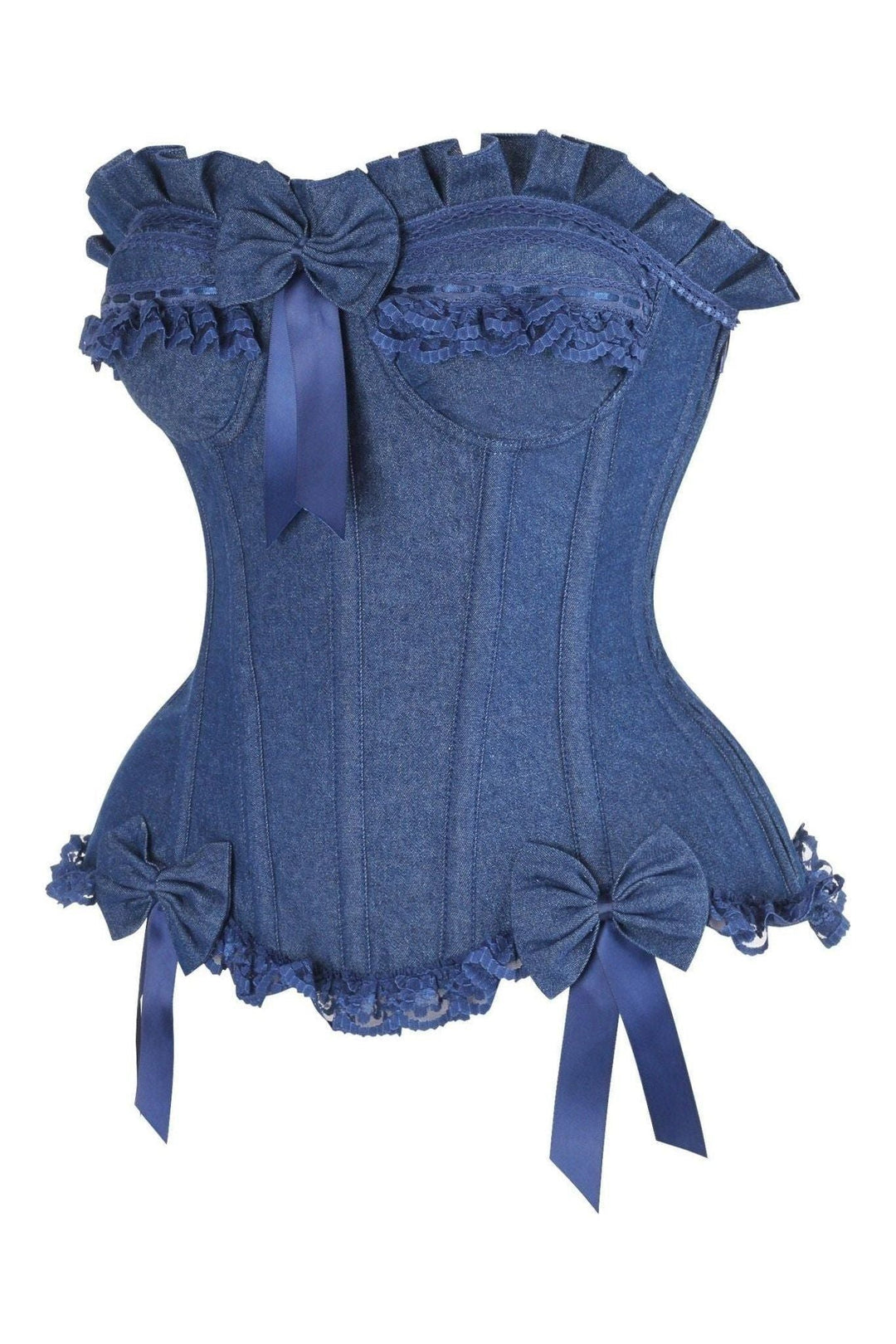 Daisy Corsets Top Drawer Dark Blue Denim Underwire Steel Boned Burlesque Corset w/Bows in Blue 