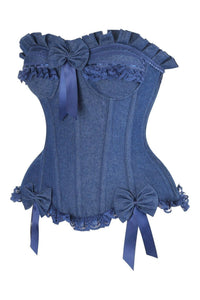 Daisy Corsets Top Drawer Dark Blue Denim Underwire Steel Boned Burlesque Corset w/Bows in Blue 