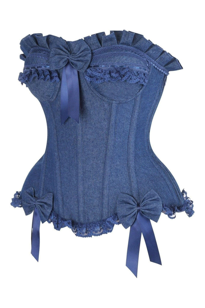 Top Drawer Dark Blue Denim Underwire Steel Boned Burlesque Corset w/Bows