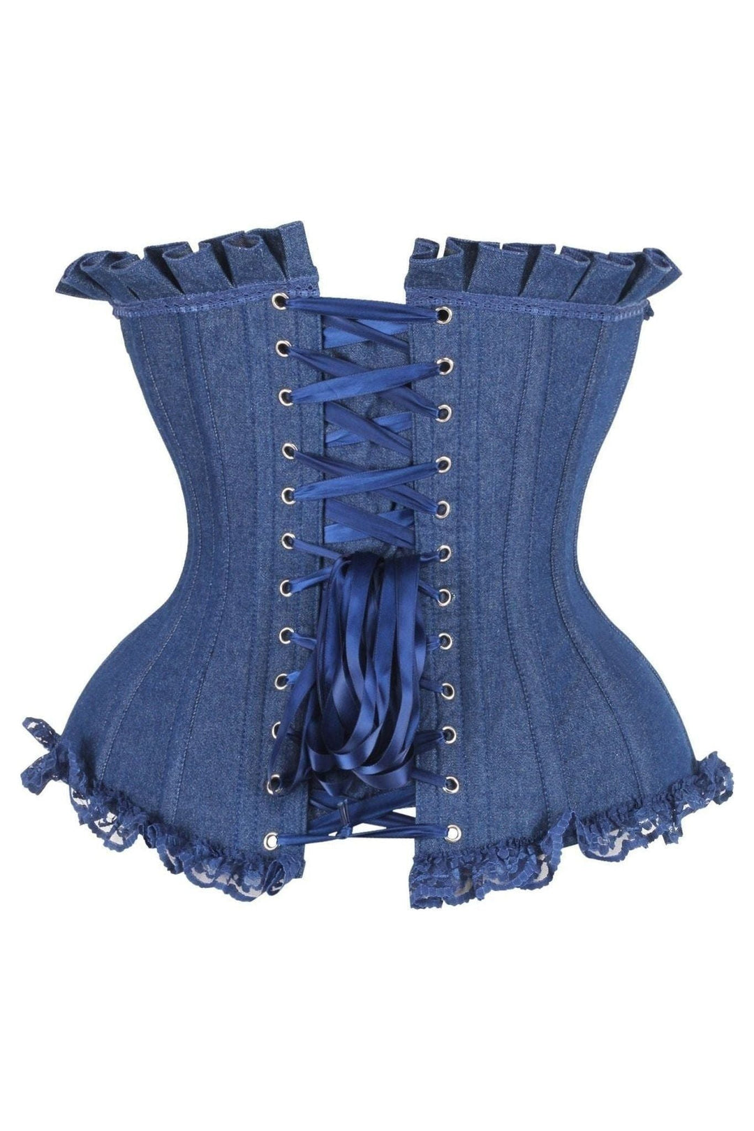 Daisy Corsets Top Drawer Dark Blue Denim Underwire Steel Boned Burlesque Corset w/Bows in Blue 