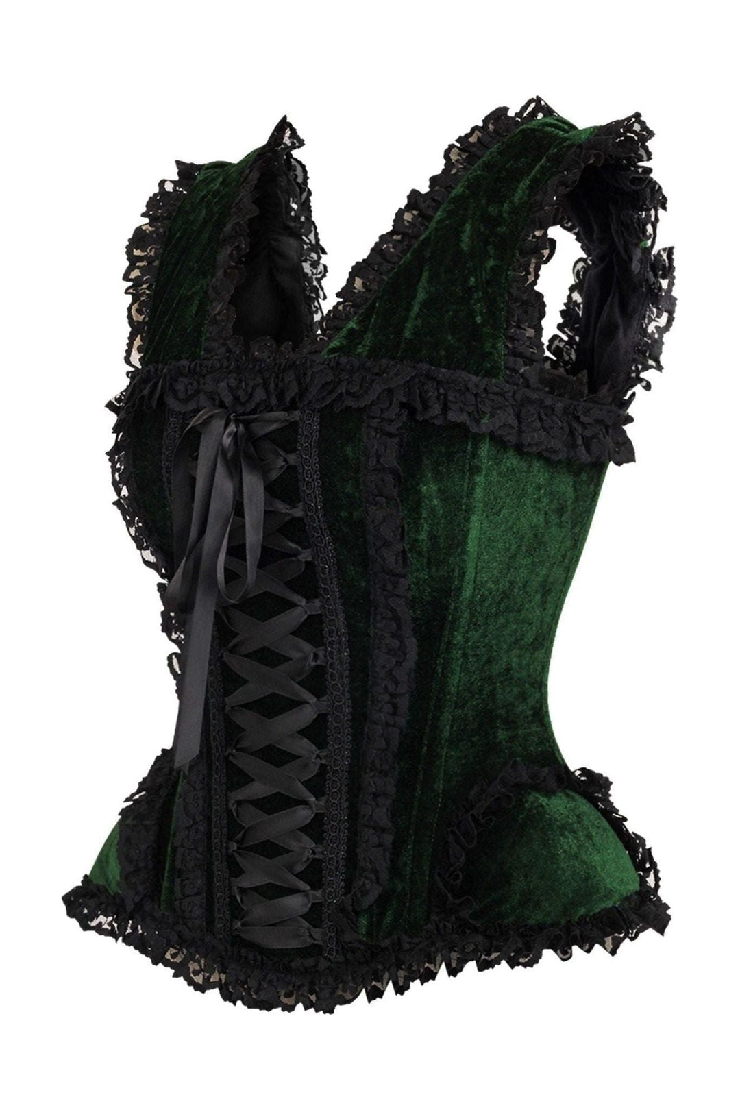 Daisy Corsets Top Drawer Dark Green Velvet & Lace Steel Boned Corset w/Cap Sleeves in Green 