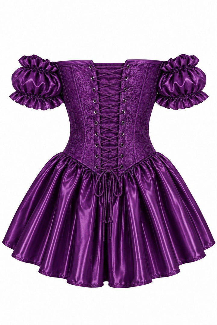 Top Drawer Dark Purple Plum Brocade & Silk Steel Boned Corset Dress w/Sleeves