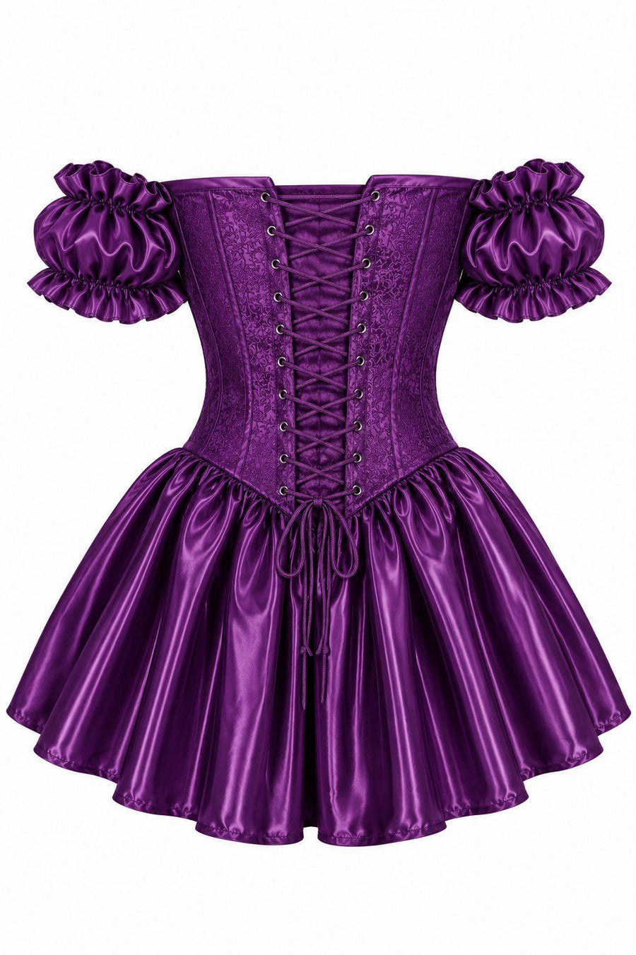Top Drawer Dark Purple Plum Brocade & Silk Steel Boned Corset Dress w/Sleeves