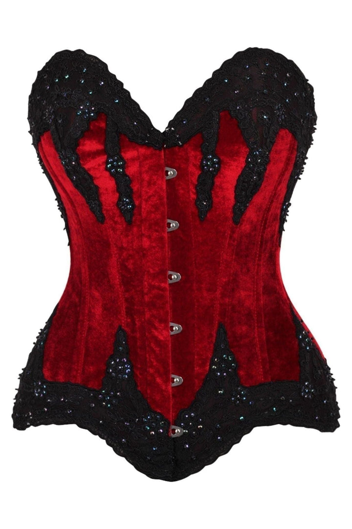 Top Drawer Dark Red Velvet & Beaded Steel Boned Overbust Corset