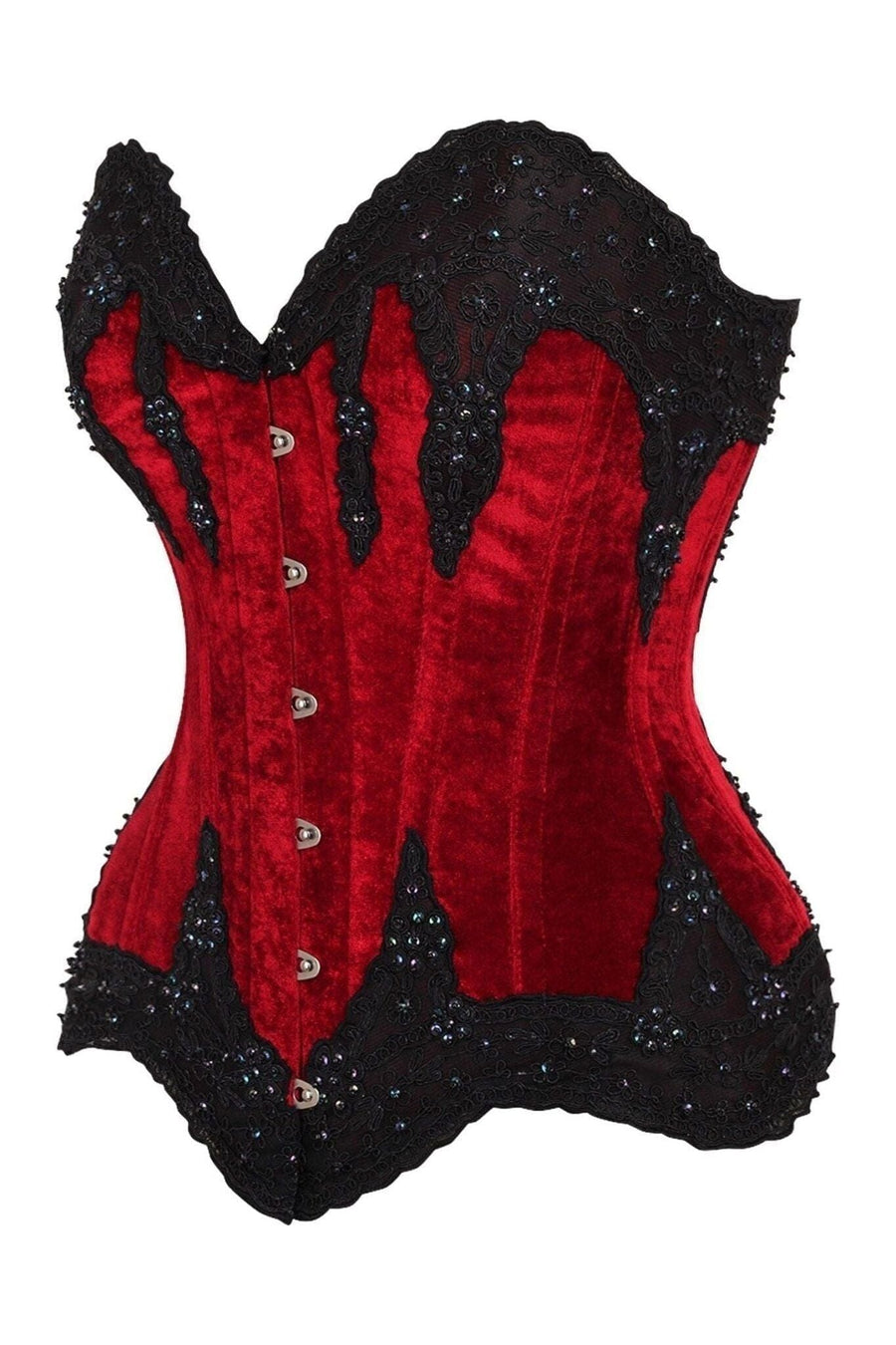 Daisy Corsets Top Drawer Dark Red Velvet & Beaded Steel Boned Overbust Corset in Red 