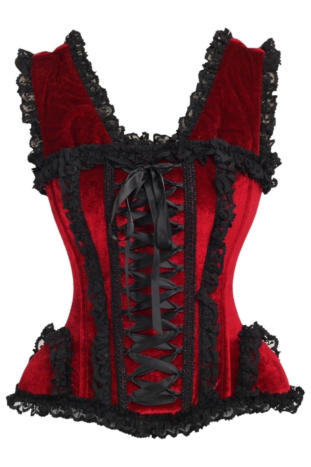 Daisy Corsets Top Drawer Dark Red Velvet & Lace Steel Boned Corset w/Cap Sleeves in Red  from SexyShoes.com