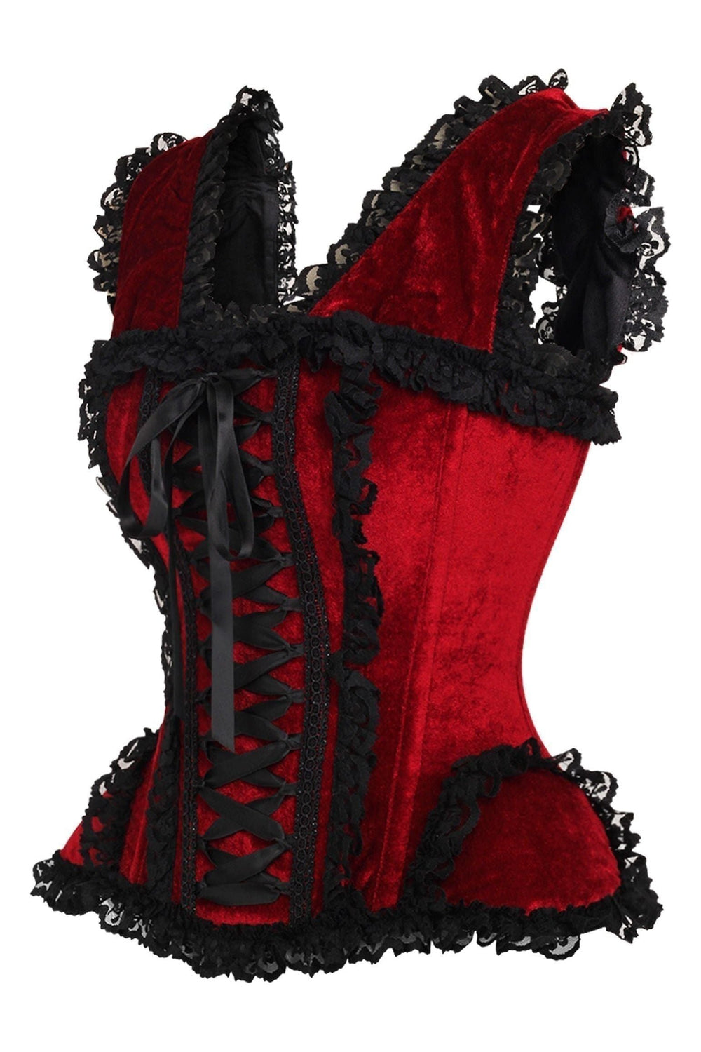 Daisy Corsets Top Drawer Dark Red Velvet & Lace Steel Boned Corset w/Cap Sleeves in Red 