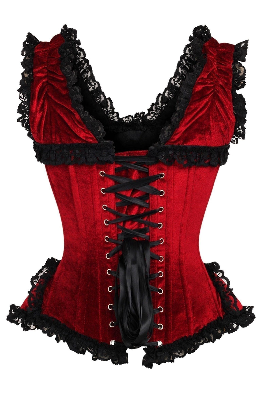 Daisy Corsets Top Drawer Dark Red Velvet & Lace Steel Boned Corset w/Cap Sleeves in Red 