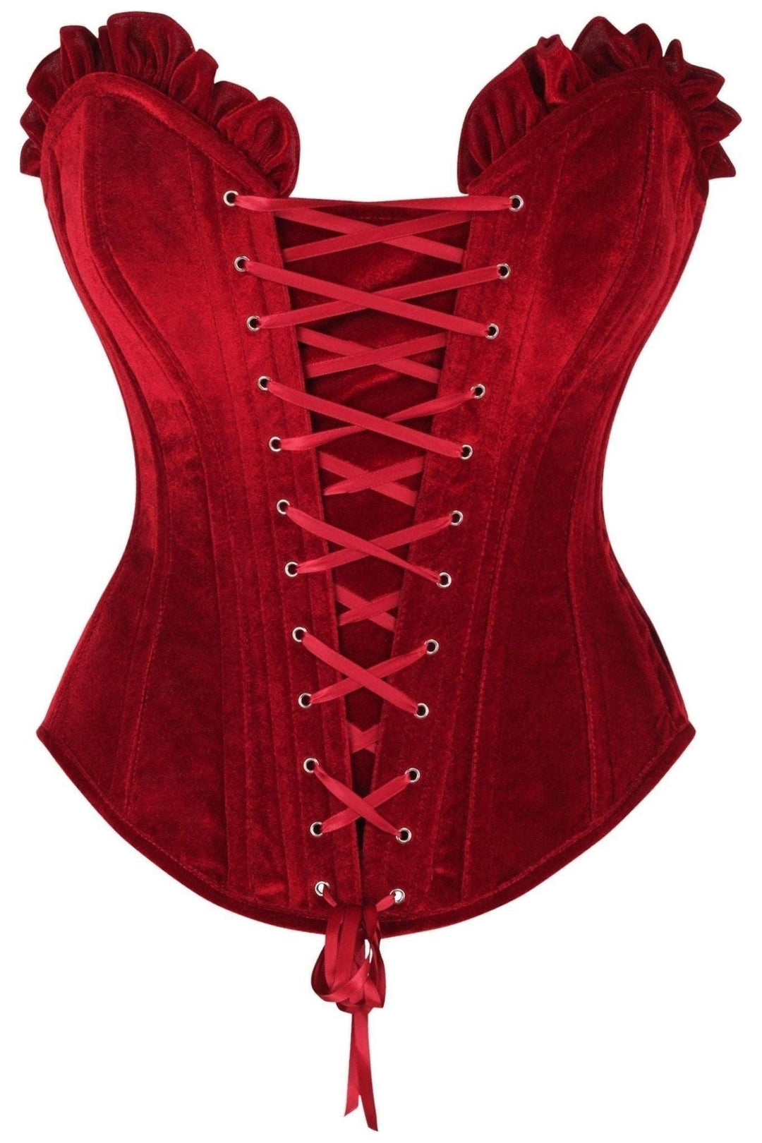 Daisy Corsets Top Drawer Dark Red Velvet Lace Up Steel Boned Overbust Corset in Red  from SexyShoes.com