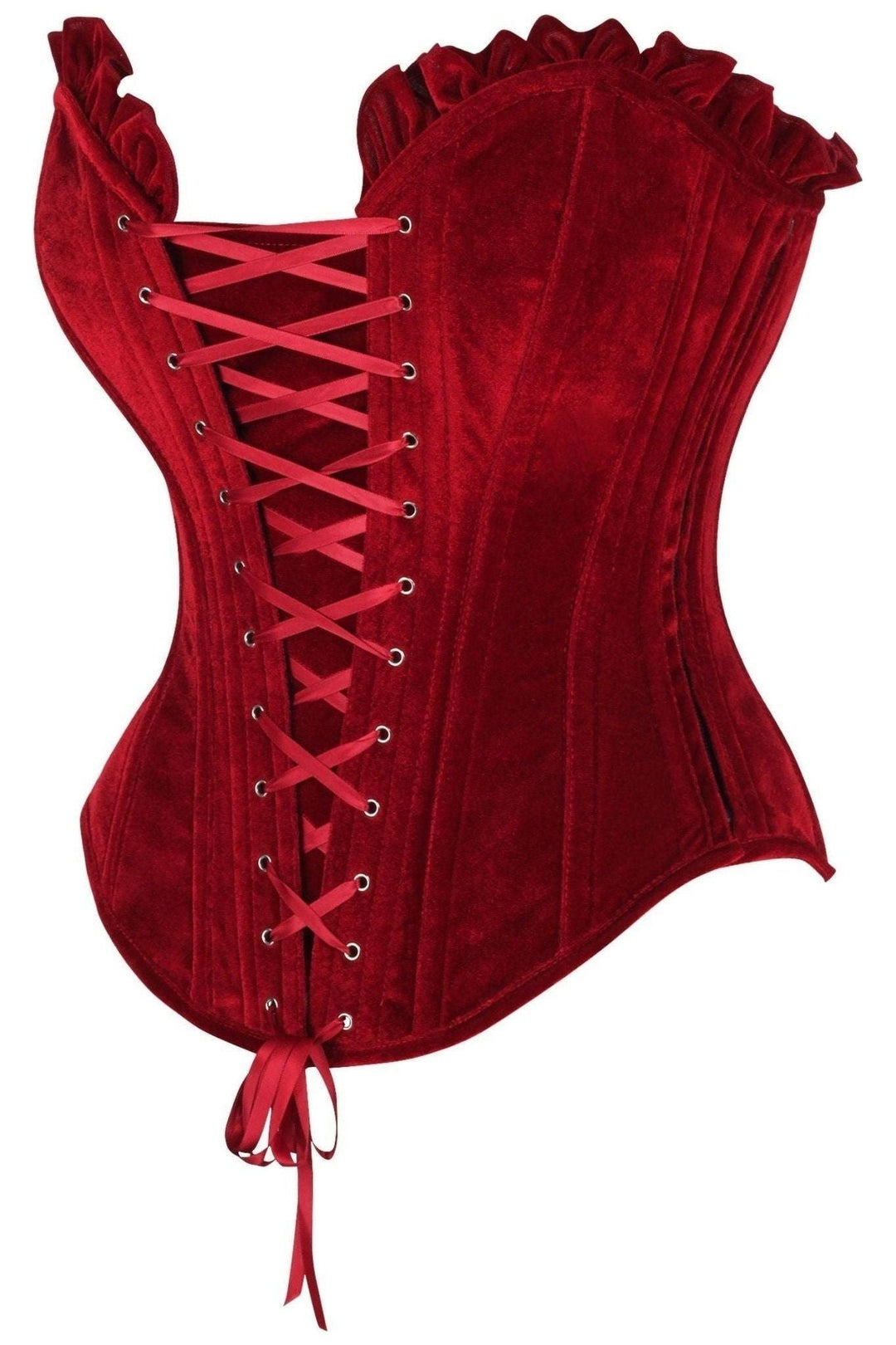 Daisy Corsets Top Drawer Dark Red Velvet Lace Up Steel Boned Overbust Corset in Red 