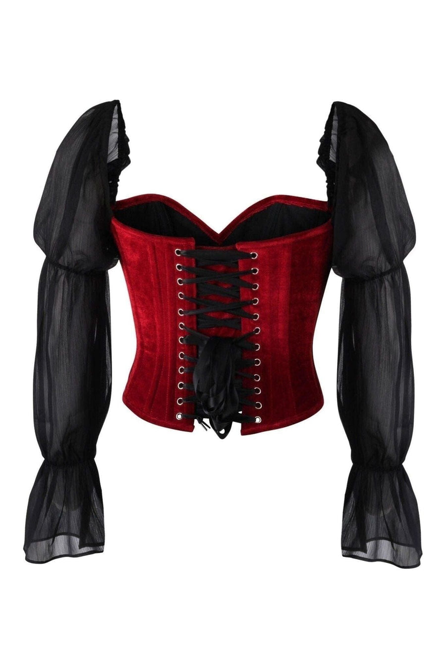 Daisy Corsets Top Drawer Dark Red Velvet Steel Boned Corset w/Sleeves in Red 