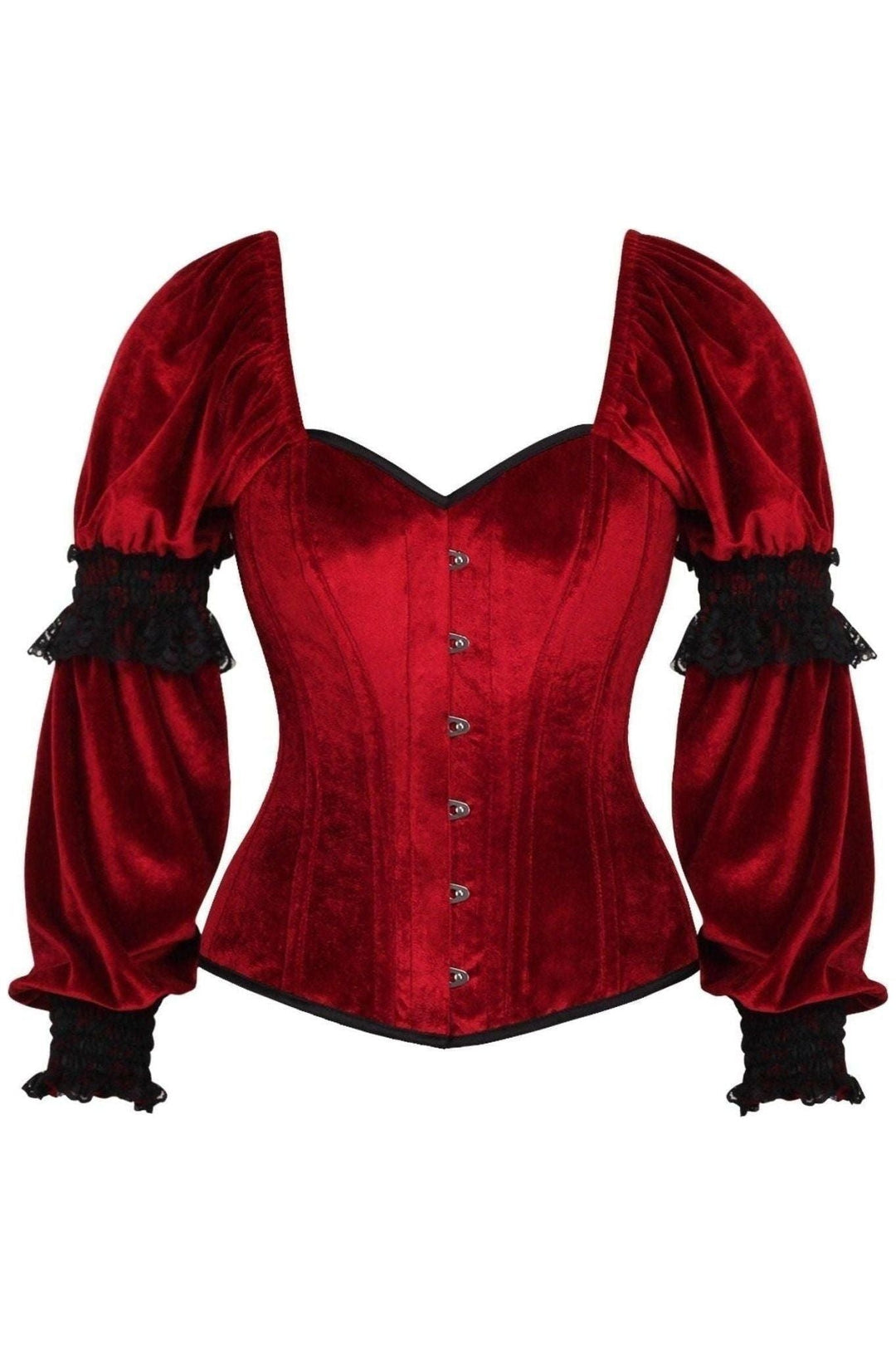 Daisy Corsets Top Drawer Dark Red Velvet Steel Boned Long Sleeve Corset in Red  from SexyShoes.com