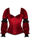 Top Drawer Dark Red Velvet Steel Boned Long Sleeve Corset