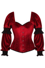 Top Drawer Dark Red Velvet Steel Boned Long Sleeve Corset