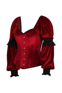 Daisy Corsets Top Drawer Dark Red Velvet Steel Boned Long Sleeve Corset in Red 