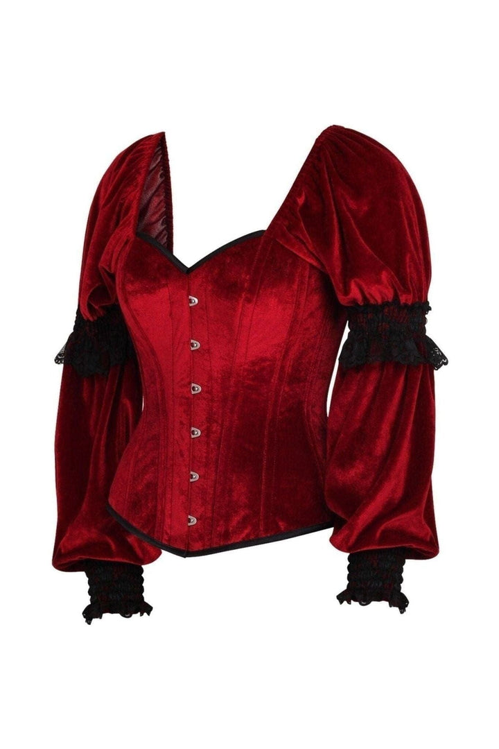 Top Drawer Dark Red Velvet Steel Boned Long Sleeve Corset