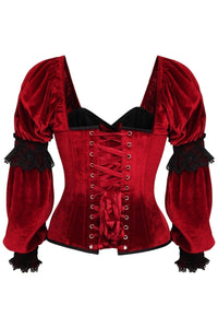 Daisy Corsets Top Drawer Dark Red Velvet Steel Boned Long Sleeve Corset in Red 