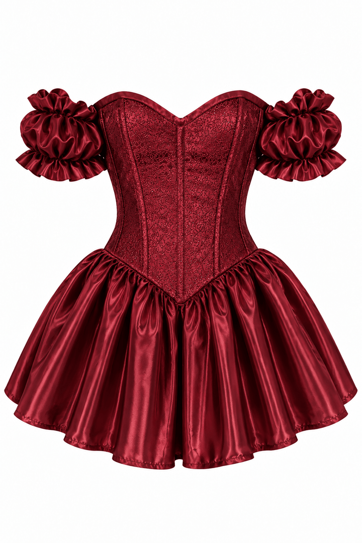 Top Drawer Dark Red Wine Brocade & Silk Steel Boned Corset Dress w/Sleeves