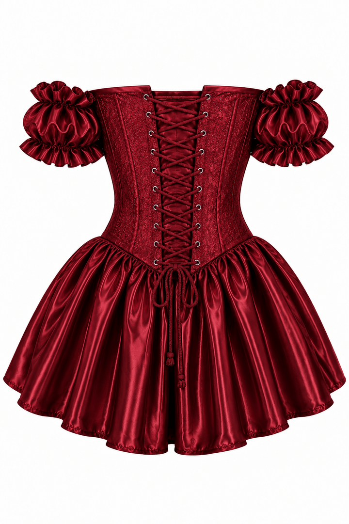 Top Drawer Dark Red Wine Brocade & Silk Steel Boned Corset Dress w/Sleeves