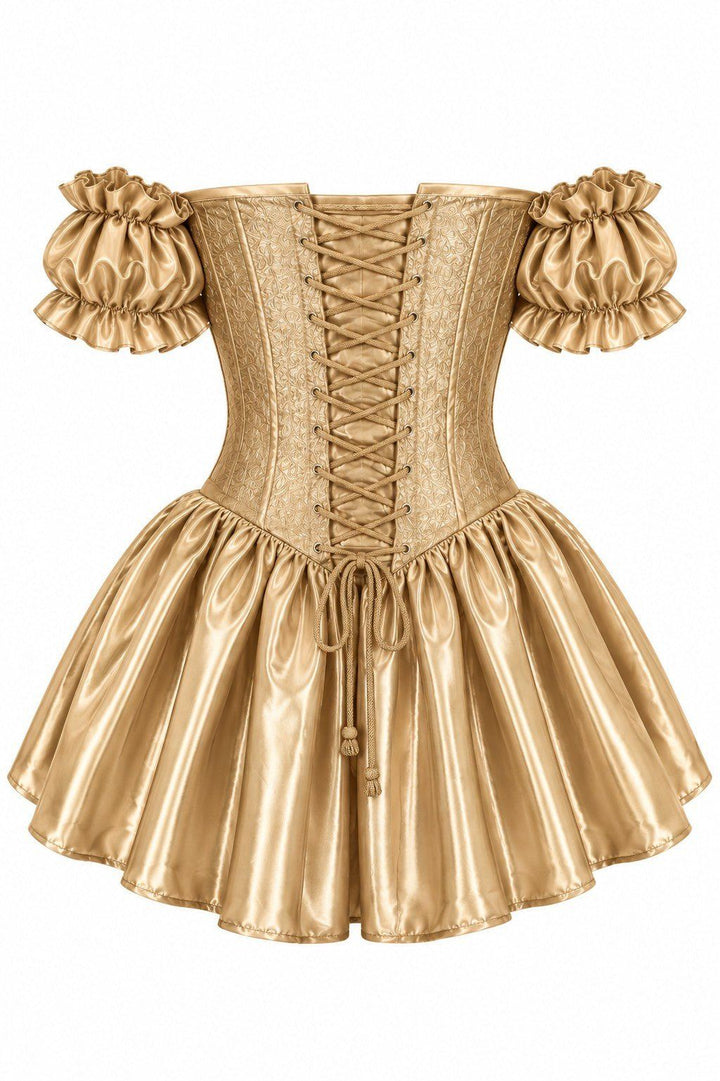 Top Drawer Gold Brocade & Silk Steel Boned Corset Dress w/Sleeves