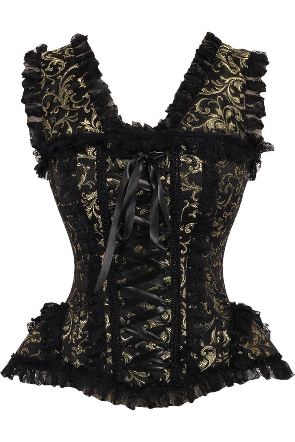 Daisy Corsets Top Drawer Gold/Black Swirl Brocade & Lace Steel Boned Corset w/Cap Sleeves in Gold  from SexyShoes.com