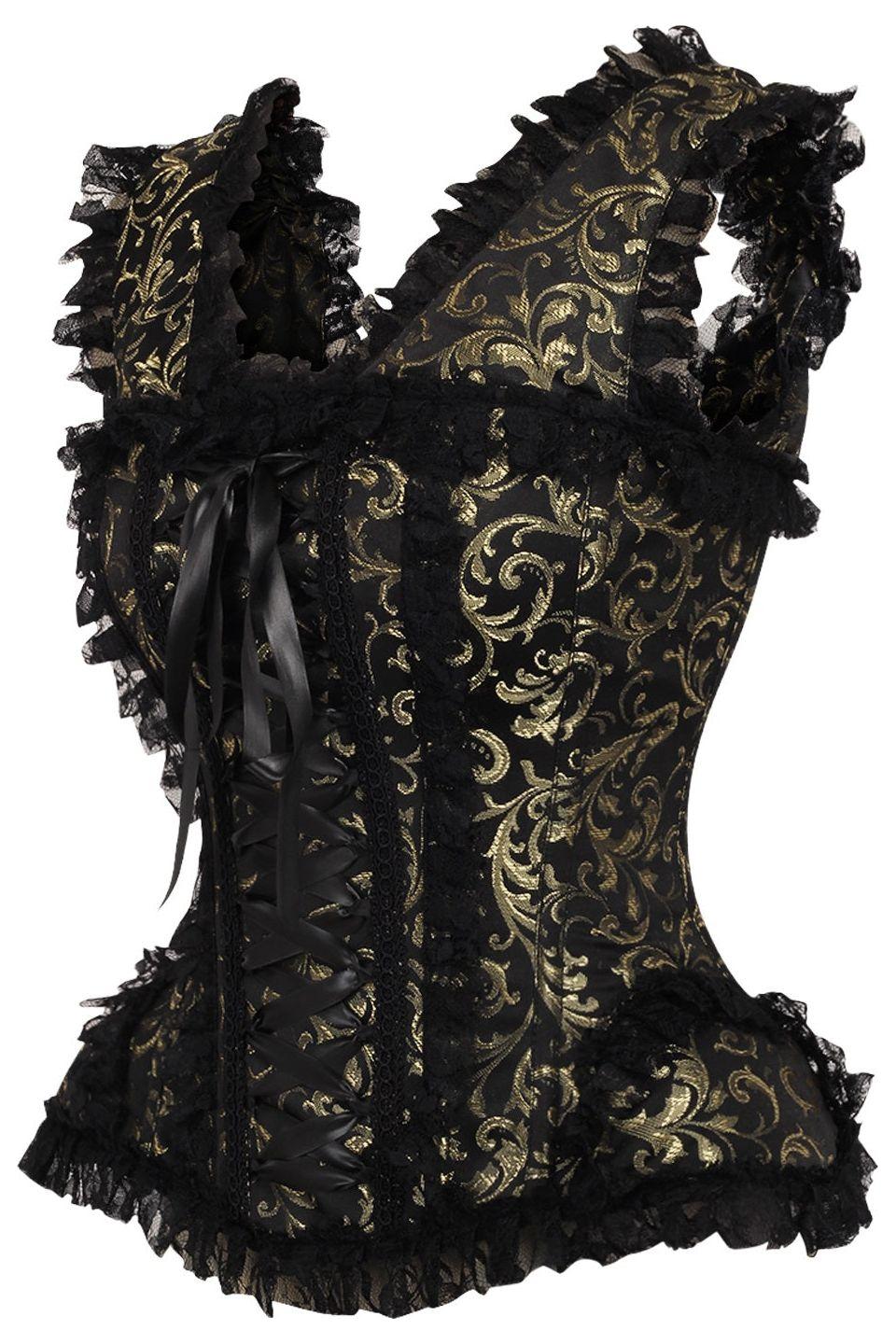 Daisy Corsets Top Drawer Gold/Black Swirl Brocade & Lace Steel Boned Corset w/Cap Sleeves in Gold 