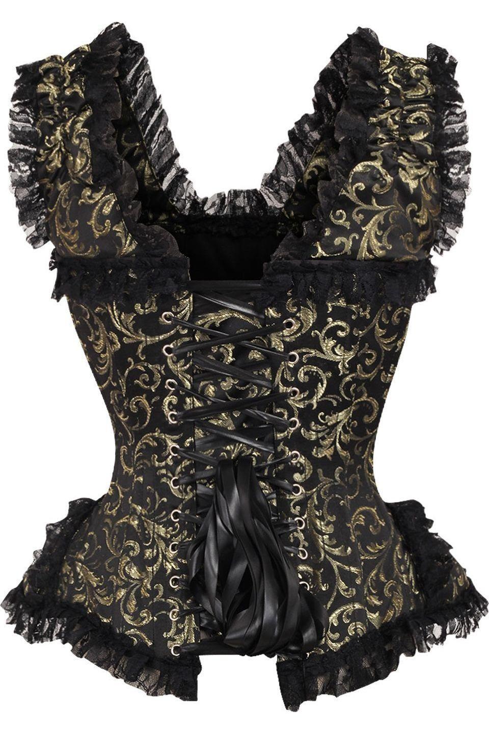 Daisy Corsets Top Drawer Gold/Black Swirl Brocade & Lace Steel Boned Corset w/Cap Sleeves in Gold 