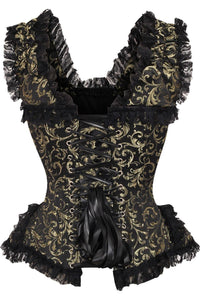 Daisy Corsets Top Drawer Gold/Black Swirl Brocade & Lace Steel Boned Corset w/Cap Sleeves in Gold 