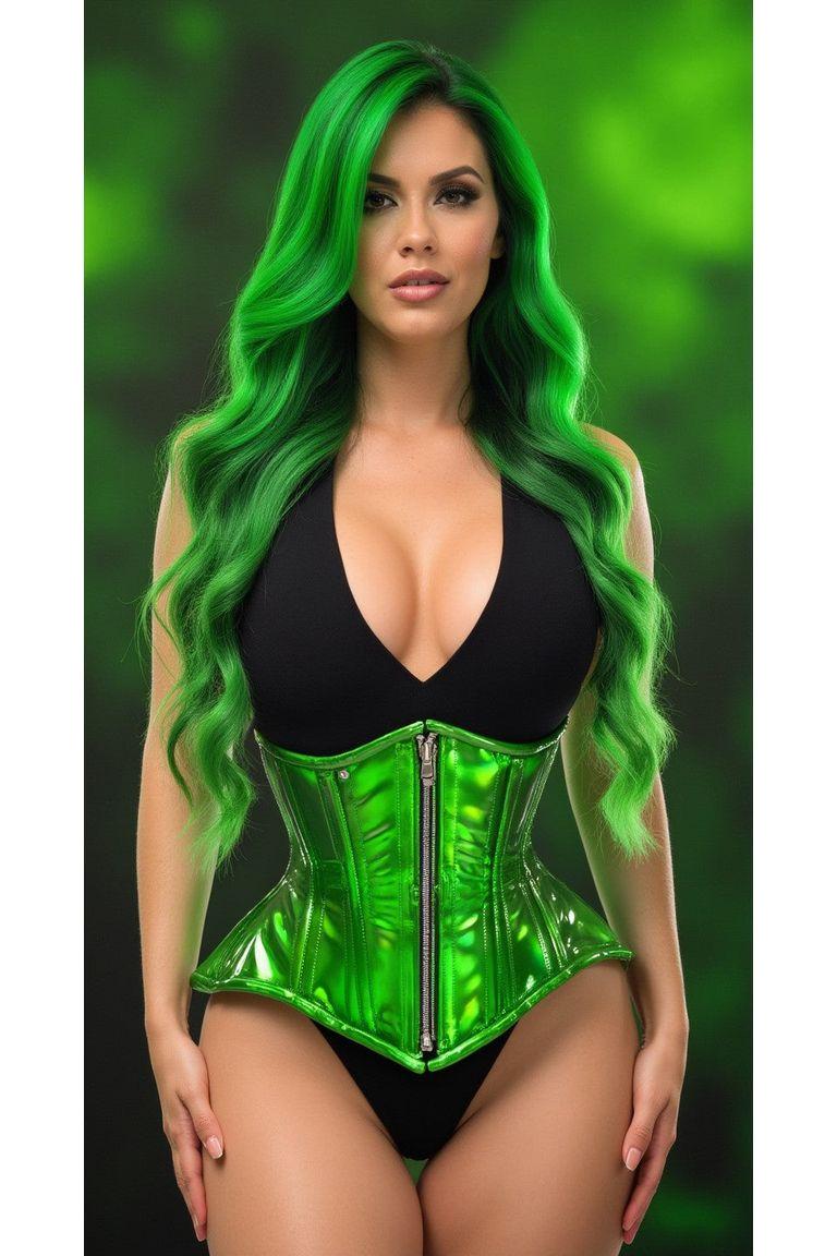 Top Drawer Green Holo Double Steel Boned Underbust Waist Cincher Corset