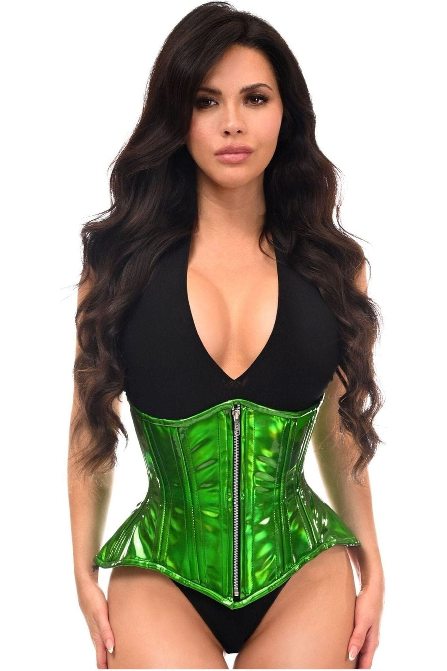 Daisy Corsets Top Drawer Green Holo Double Steel Boned Underbust Waist Cincher Corset in Green 