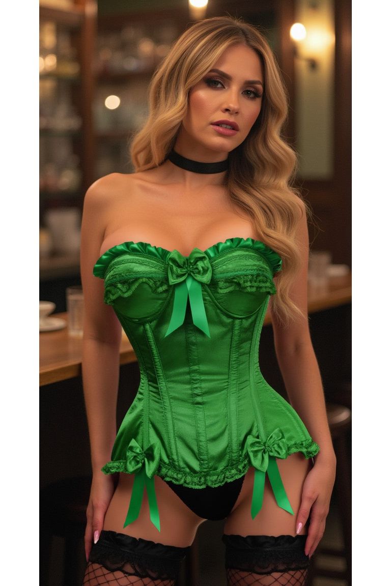 Daisy Corsets Top Drawer Green Satin Steel Boned Burlesque Corset in Green  from SexyShoes.com