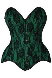 Daisy Corsets Top Drawer Green Satin w/Black Lace Overlay Steel Boned Overbust Corset in Green  from SexyShoes.com