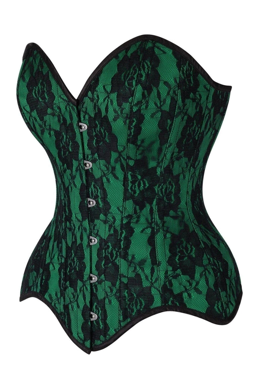 Daisy Corsets Top Drawer Green Satin w/Black Lace Overlay Steel Boned Overbust Corset in Green 