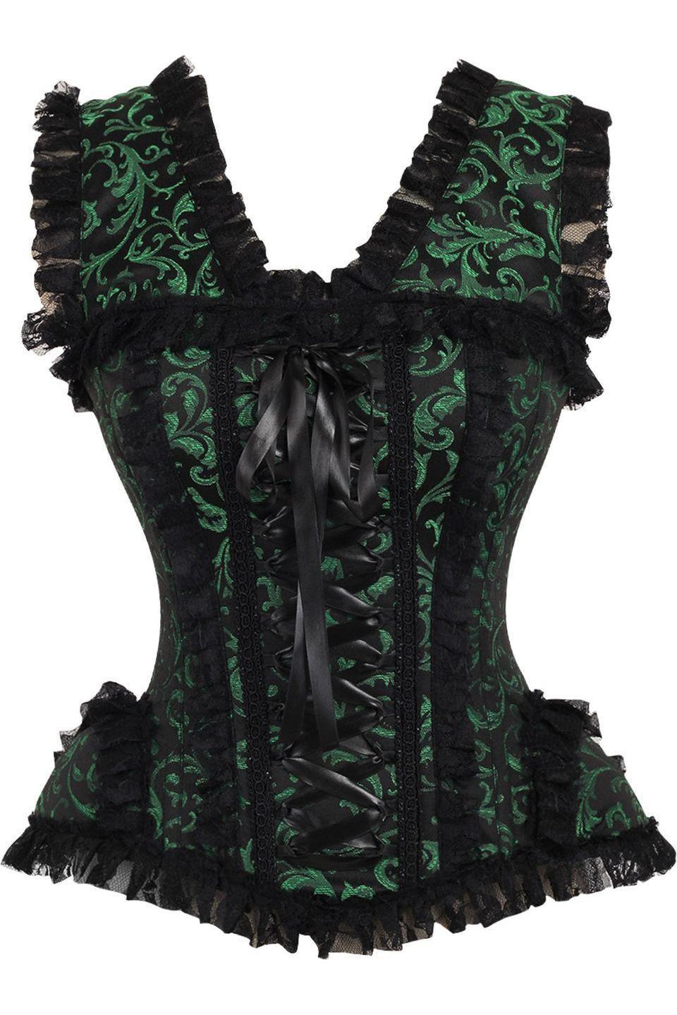 Daisy Corsets Top Drawer Green/Black Swirl Brocade & Lace Steel Boned Corset w/Cap Sleeves in Green  from SexyShoes.com