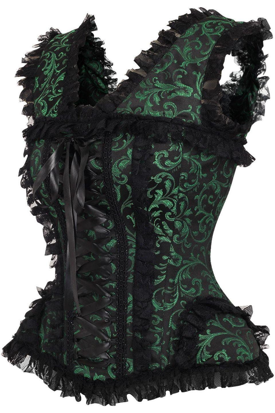 Daisy Corsets Top Drawer Green/Black Swirl Brocade & Lace Steel Boned Corset w/Cap Sleeves in Green 