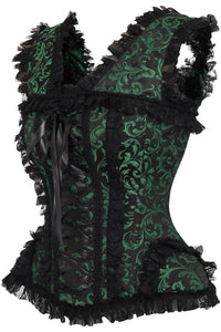 Daisy Corsets Top Drawer Green/Black Swirl Brocade & Lace Steel Boned Corset w/Cap Sleeves in Green 