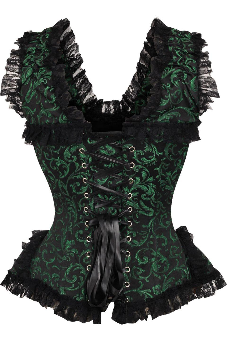 Daisy Corsets Top Drawer Green/Black Swirl Brocade & Lace Steel Boned Corset w/Cap Sleeves in Green 