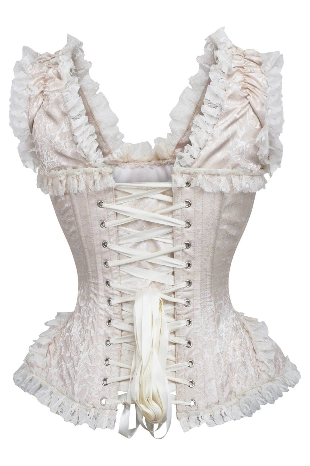 Daisy Corsets Top Drawer Ivory Brocade & Lace Steel Boned Corset w/Cap Sleeves in White 