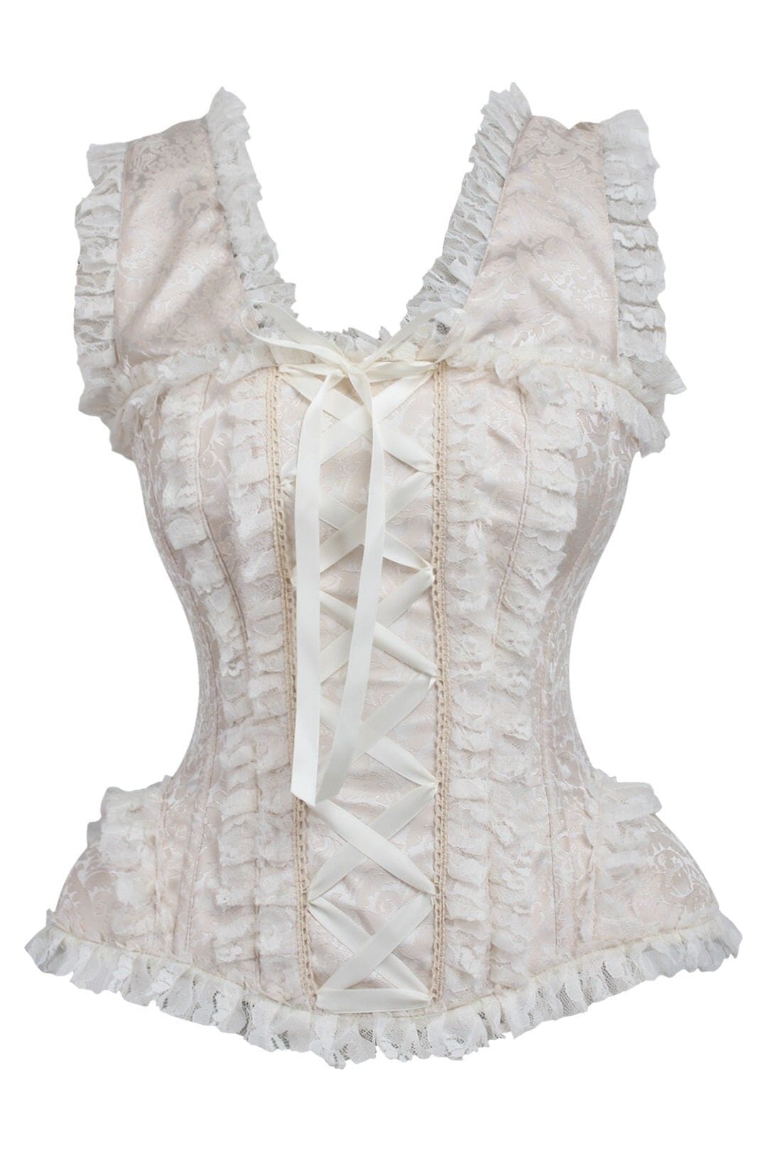 Daisy Corsets Top Drawer Ivory Brocade & Lace Steel Boned Corset w/Cap Sleeves in White  from SexyShoes.com