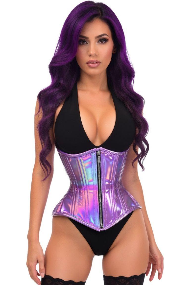 Top Drawer Lavender Holo Double Steel Boned Underbust Waist Cincher Corset