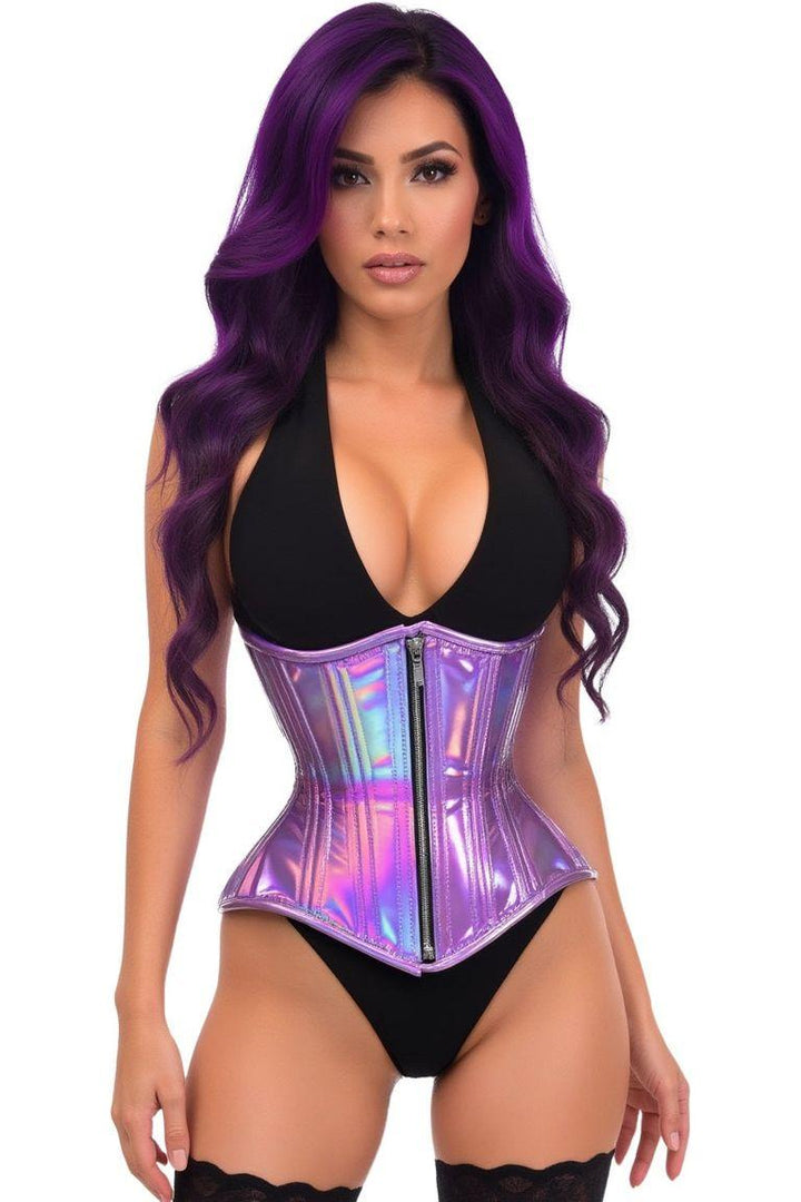 Top Drawer Lavender Holo Double Steel Boned Underbust Waist Cincher Corset