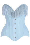 Top Drawer Light Blue Denim Steel Boned Overbust Corset w/Fringe